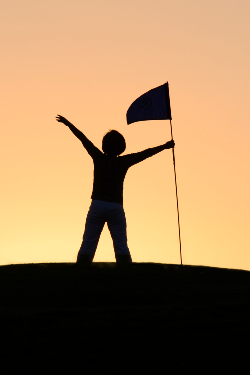 An image of a boy standing on top of a hill silhouetted by the sun. He is holding a flag, signifying that he has create and made his spring goals.